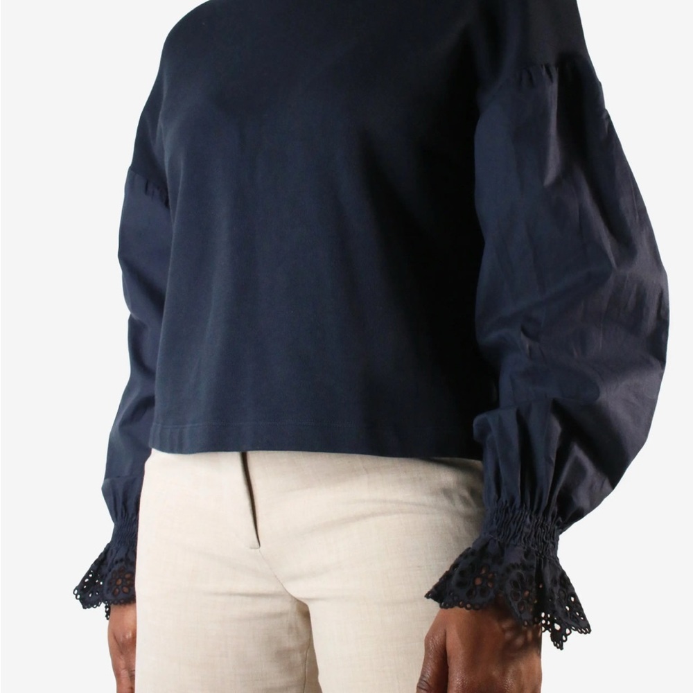 NWT ME+EM Navy Blouse with Lace Cuffs